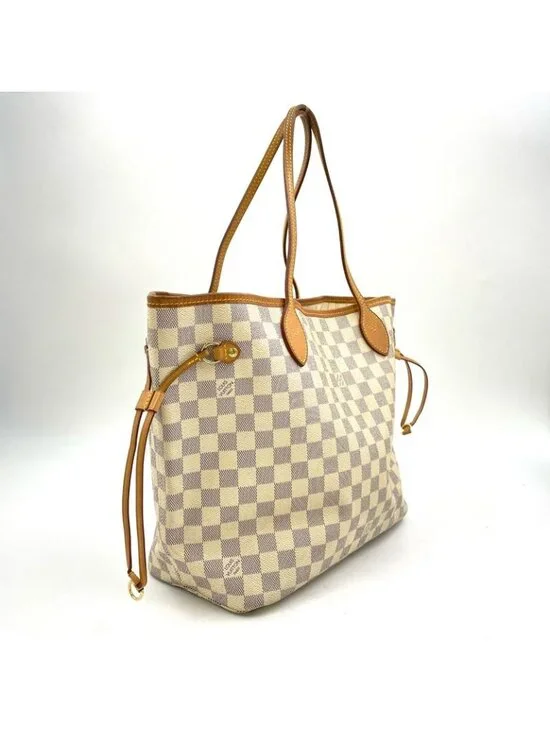 Louis Vuitton Neverfull MM Damier Azur Leather White Tote Gold - Picture 2 of 15